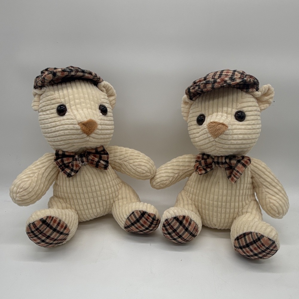 Pair Cream Corduroy Teddy Bears Plaid Bowtie Flat Cap Matching Plush Set 2